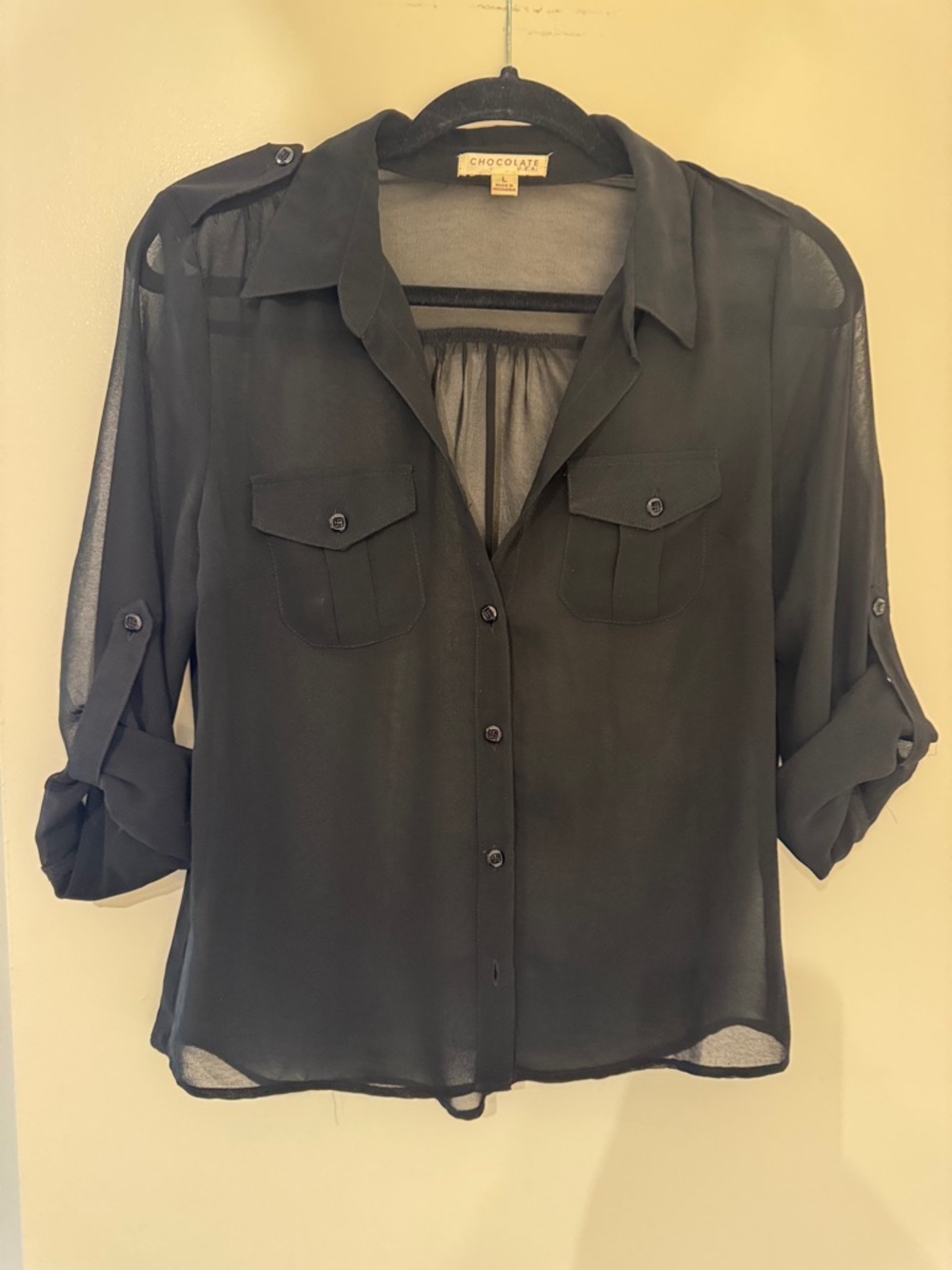 (Chocolate USA) Black Sheer Button-Down Shirt with Roll-Tab Sleeves